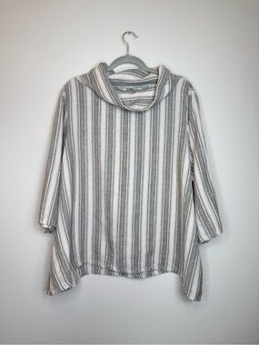 Bryn Walker Size Large Etta 100% Linen Striped Cowl Neck Top Boxy Lagenlook